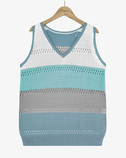 Striped Openwork V-Neck Knit Tank