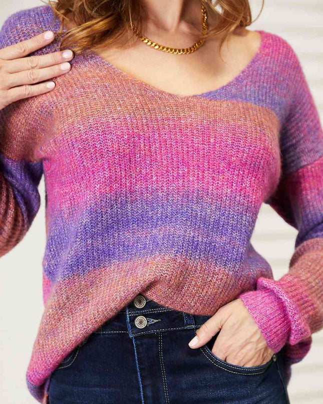 Double Take Multicolored Rib-Knit V-Neck Knit Pullover