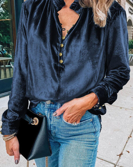 Notched Neck Buttoned Long Sleeve Velvet Blouse