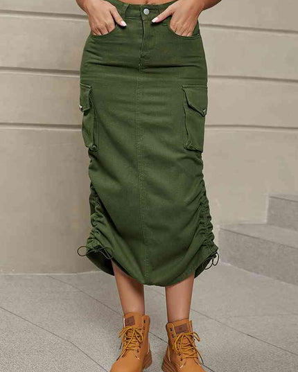 Drawstring Denim Skirt with Pockets