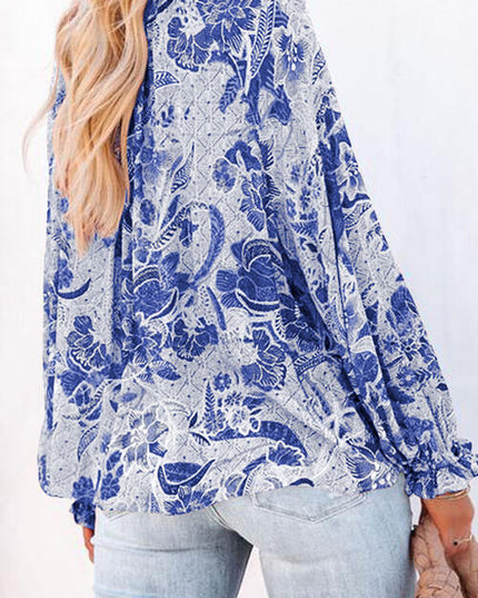 Floral Tie Neck Flounce Sleeve Blouse