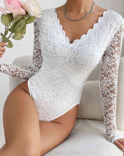 V-Neck Long Sleeve Lace Trim Bodysuit