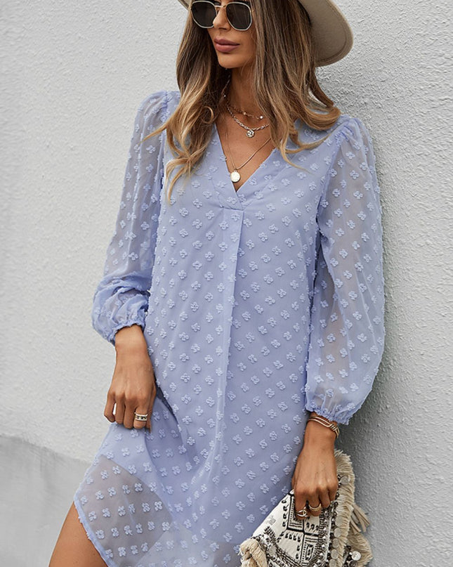 Swiss Dot V-Neck Long Sleeve Dress