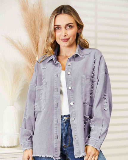 Distressed Raw Hem Denim Jacket