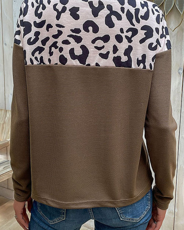 Leopard Buttoned Round Neck Drop Shoulder Top