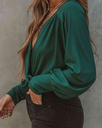 Ribbed Surplice Neck Lantern Sleeve Bodysuit