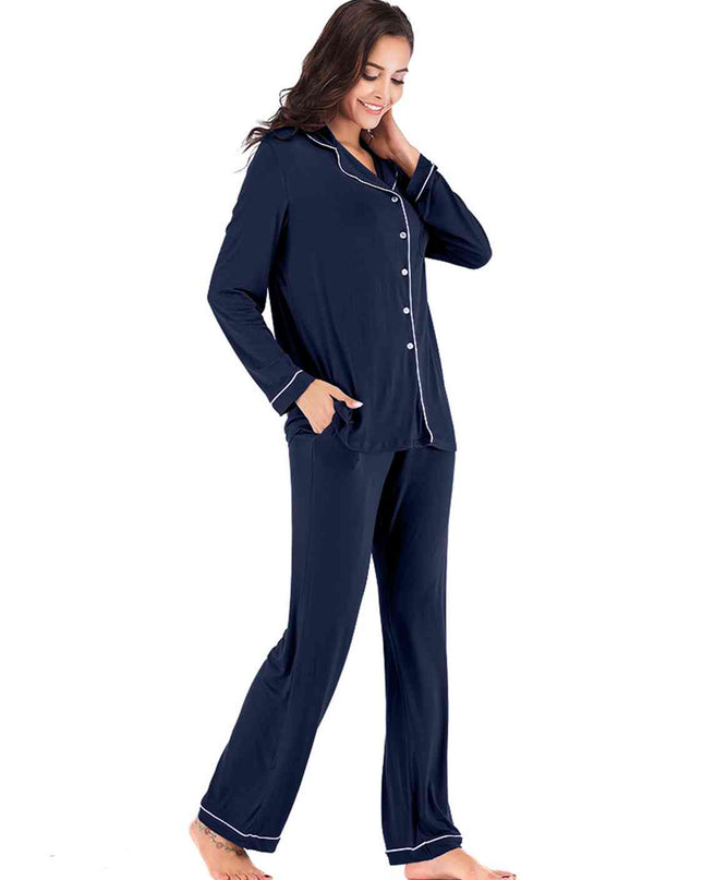 Collared Neck Long Sleeve Loungewear Set with Pockets