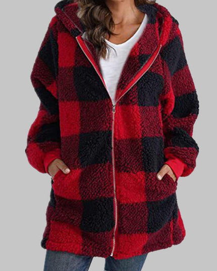 Plaid Zip-Up Hooded Jacket with Pockets