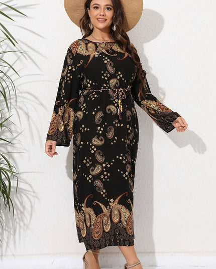 Full Size Tie Waist Round Neck Long Sleeve Midi Dress