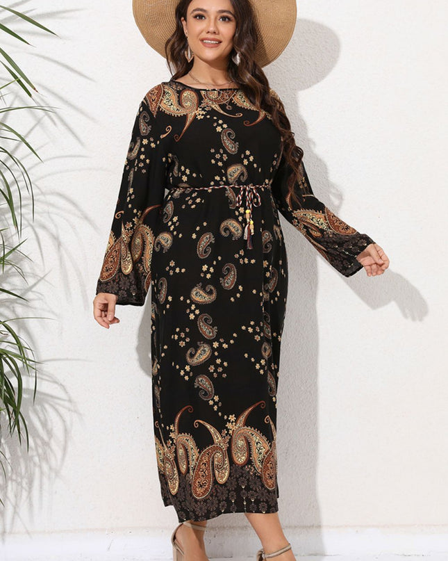Full Size Tie Waist Round Neck Long Sleeve Midi Dress