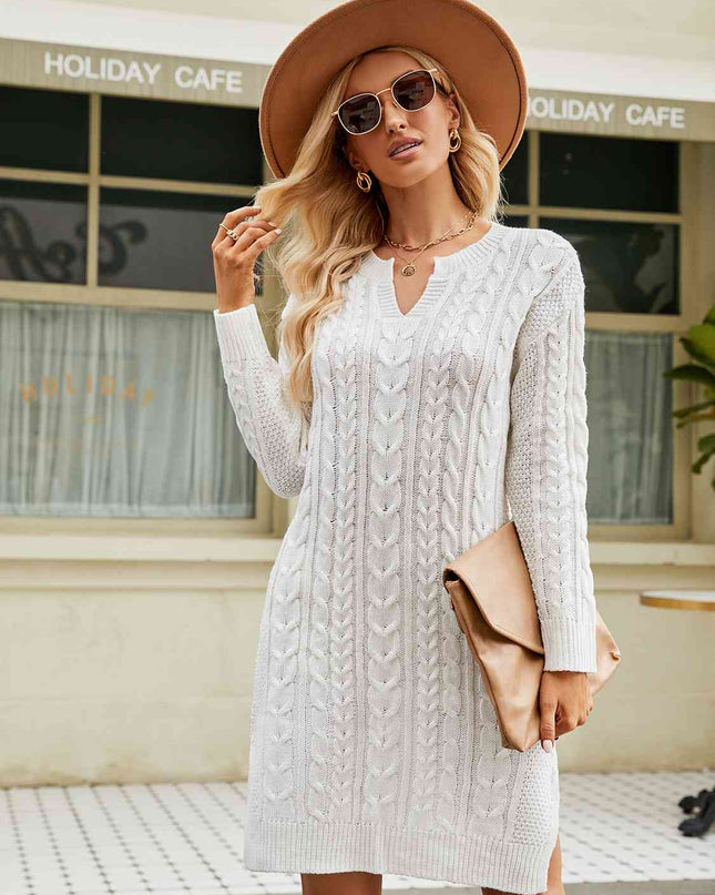 Notched Neck Cable-Knit Slit Sweater Dress