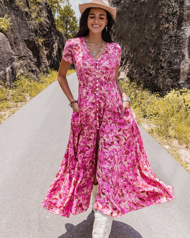Floral V-Neck Slit Dress