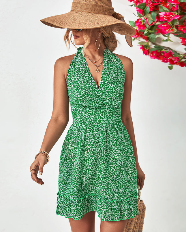 Ditsy Floral Halter Neck Ruffle Hem Dress