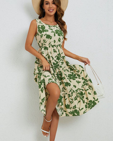 Floral Round Neck Tiered Sleeveless Dress
