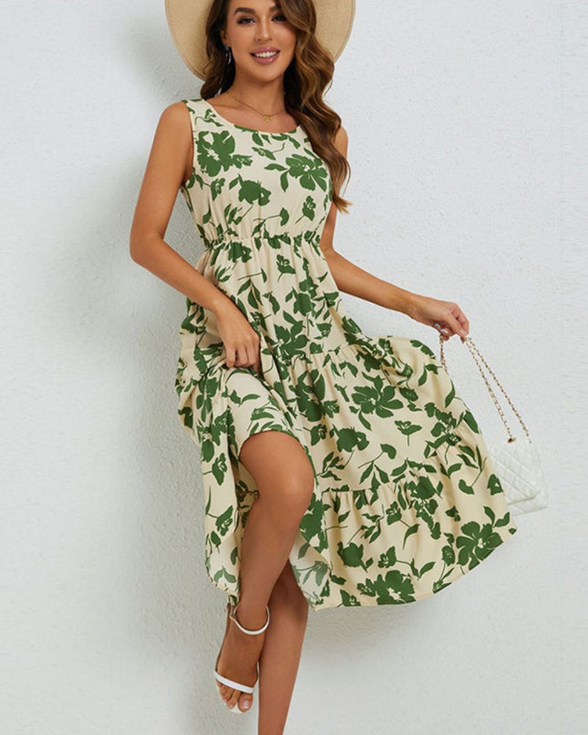 Floral Round Neck Tiered Sleeveless Dress