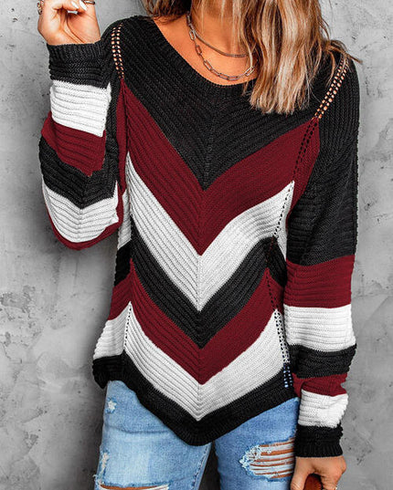 Eyelet Color Block Long Sleeve Sweater