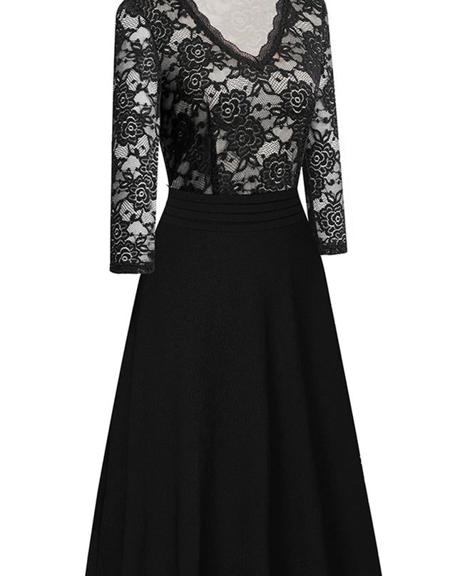 V-Neck Lace Detail Knee-Length Dress