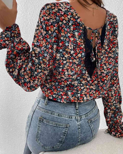 V-Neck Printed Long Sleeve Blouse