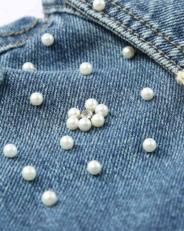 Pearl Detail Distressed Button Up Denim Jacket