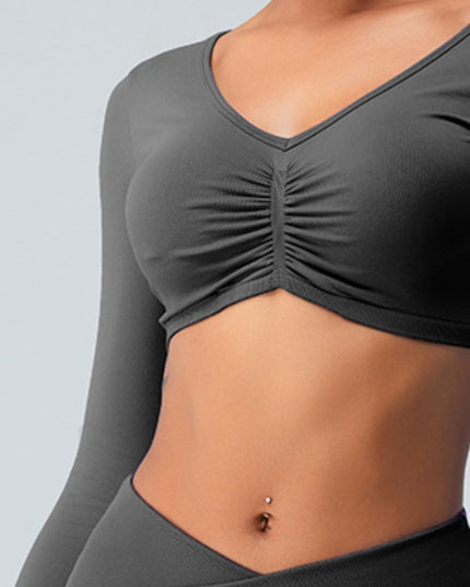 Ruched V-Neck Long Sleeve Active T-Shirt