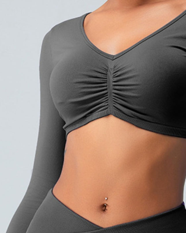 Ruched V-Neck Long Sleeve Active T-Shirt
