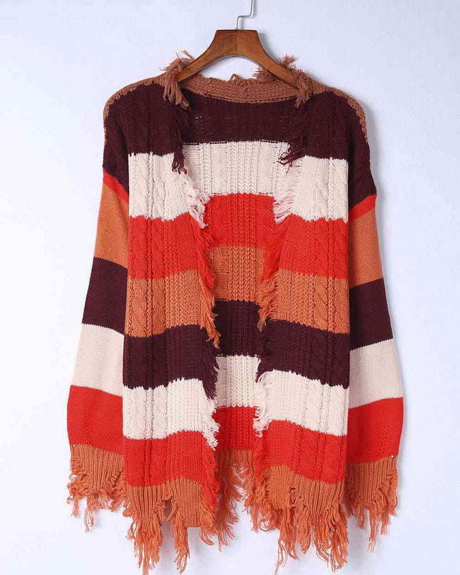 Color Block Frayed Hem Open Front Cardigan