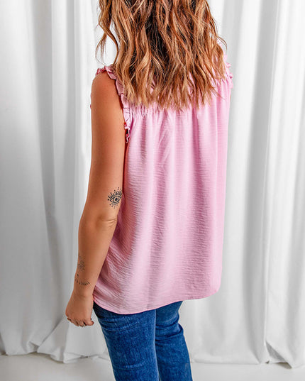 Buttoned Frill Trim Smocked Sleeveless Blouse