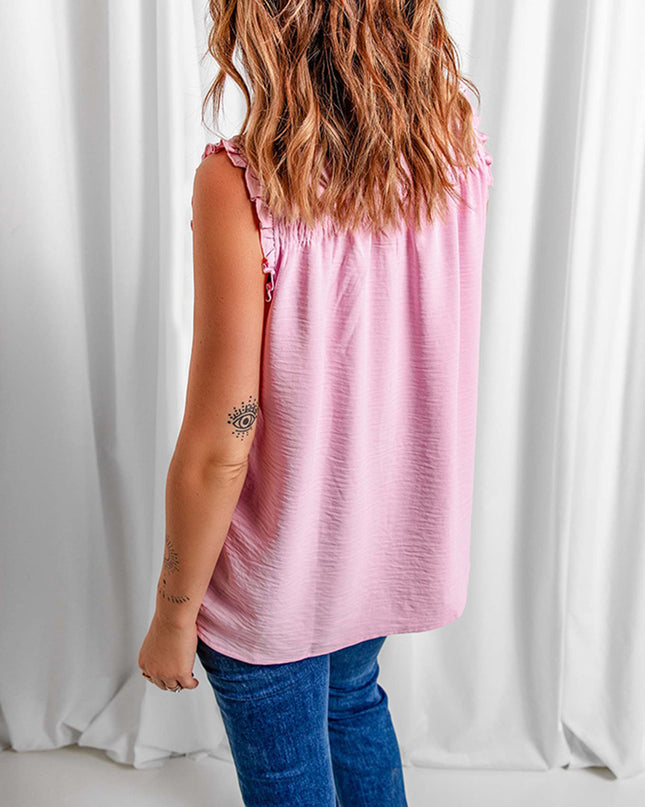Buttoned Frill Trim Smocked Sleeveless Blouse
