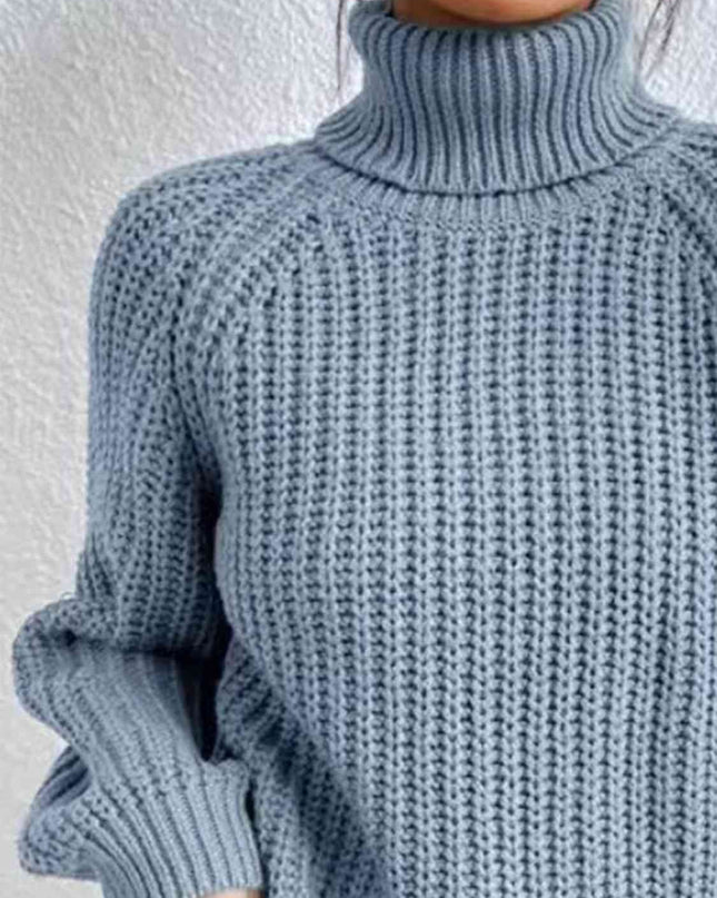 Full Size Turtleneck Rib-Knit Slit Sweater