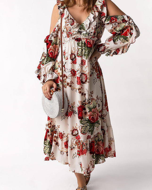 Floral Cold-Shoulder Ruffled Dress