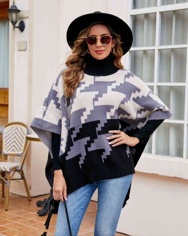 Turtleneck Pom-Pom Trim Poncho