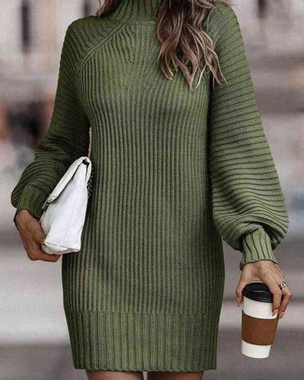 Mock Neck Lantern Sleeve Sweater Dress