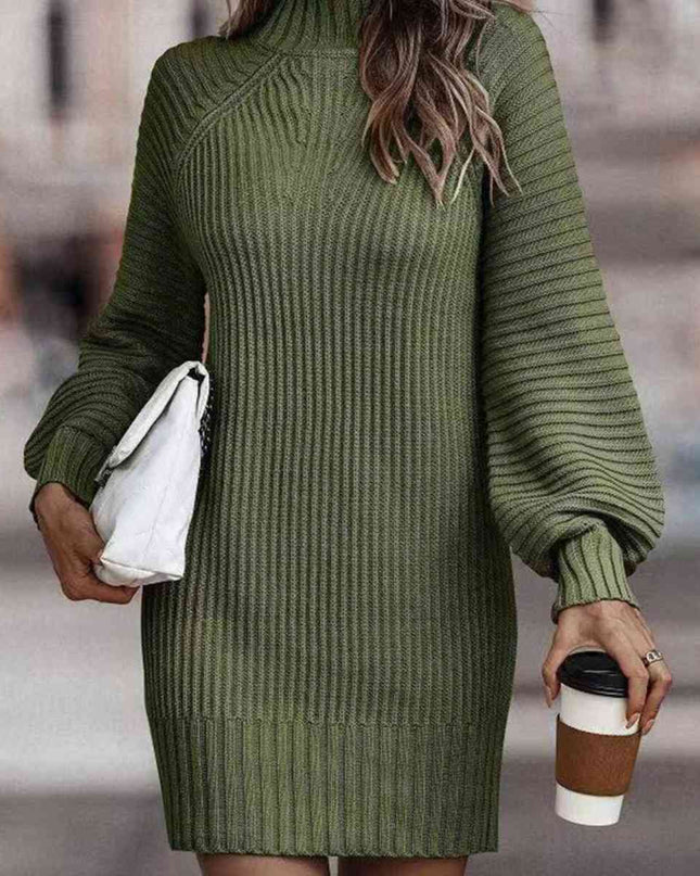 Mock Neck Lantern Sleeve Sweater Dress