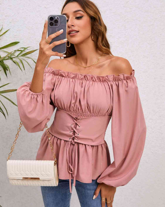 Lace-Up Balloon Sleeve Off-Shoulder Blouse