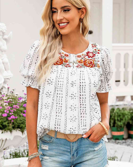 Embroidered Round Neck Flounce Sleeve Blouse