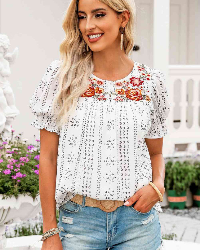 Embroidered Round Neck Flounce Sleeve Blouse
