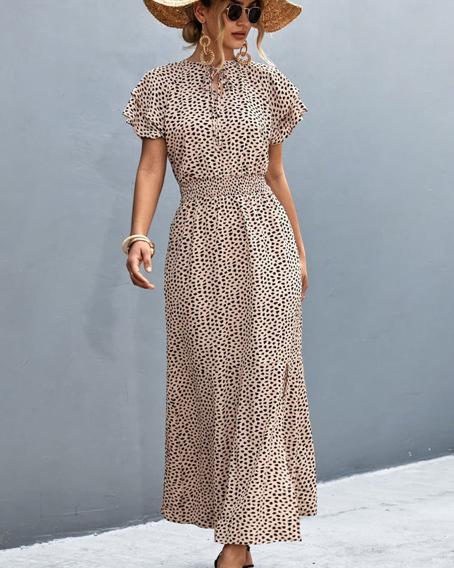 Printed Tie-Neck Flutter Sleeve Split Dress