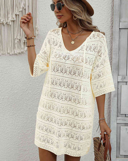 Openwork V-Neck Mini Knit Dress