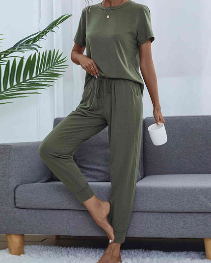 Round Neck Short Sleeve Top and Pants Set
