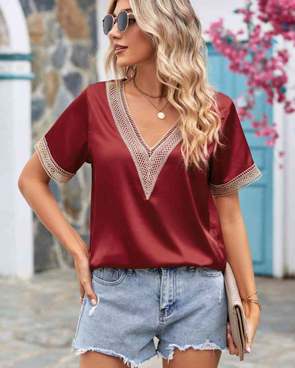 Contrast Trim Short Sleeve Plunge Blouse