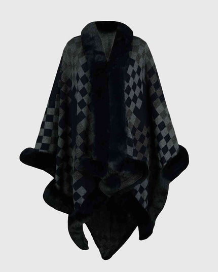 Checkered Faux Fur Trim Poncho