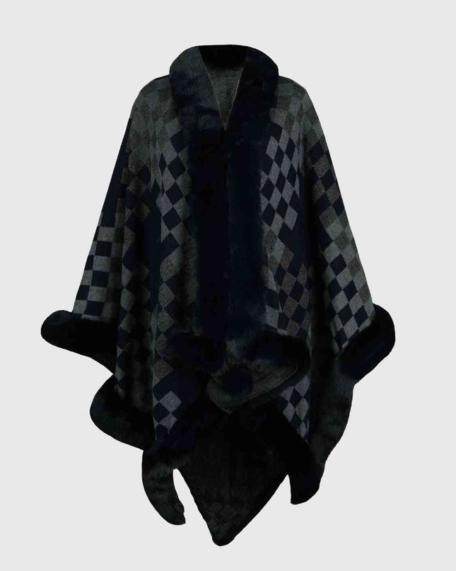 Checkered Faux Fur Trim Poncho