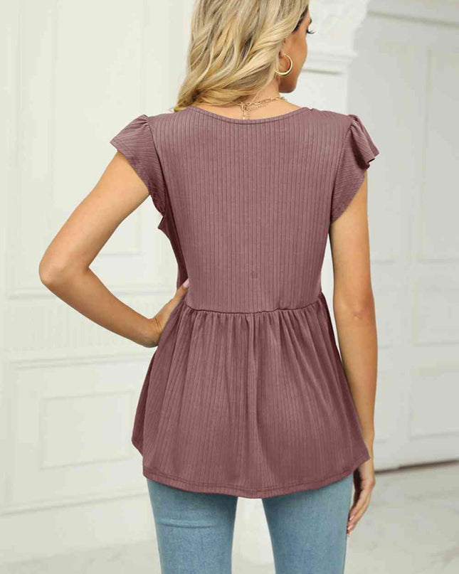 V-Neck Flutter Sleeve Babydoll Blouse