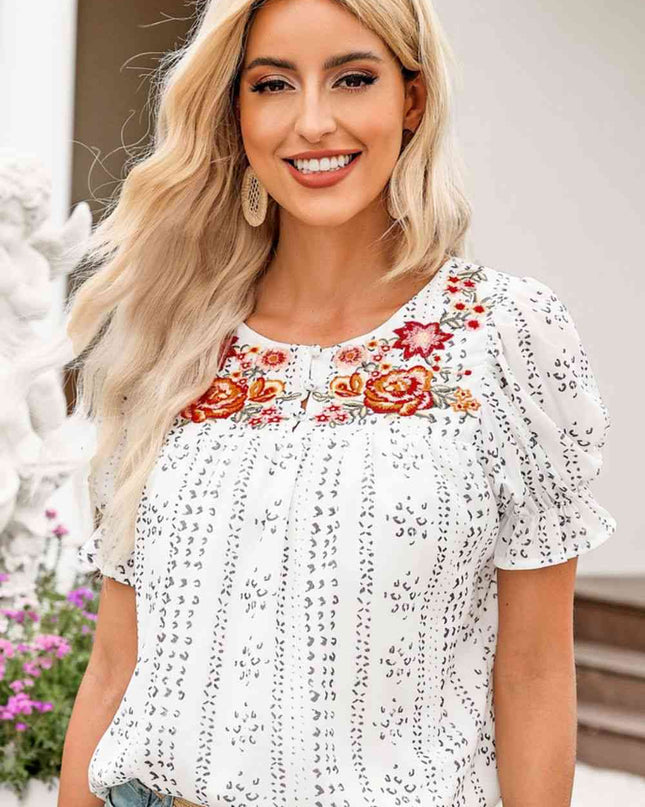 Embroidered Round Neck Flounce Sleeve Blouse