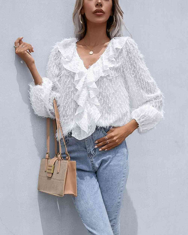 Double Take Ruffle Hem Fringe V-Neck Balloon Sleeve Blouse