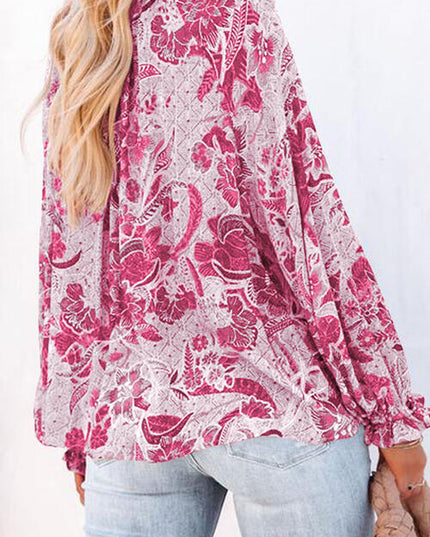 Floral Tie Neck Flounce Sleeve Blouse