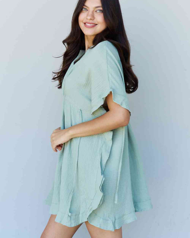 Ninexis Out Of Time Full Size Ruffle Hem Dress with Drawstring Waistband in Light Sage