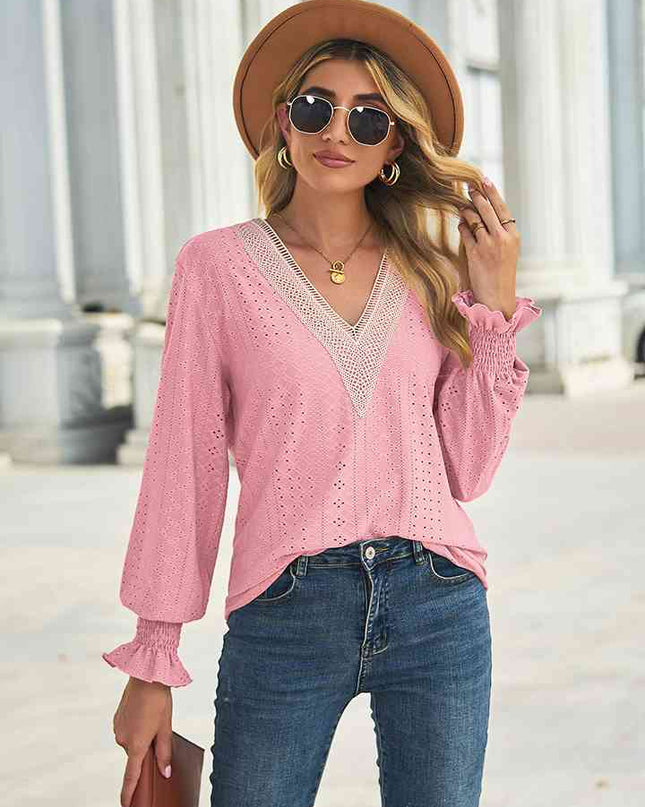V-Neck Eyelet Flounce Sleeve Blouse