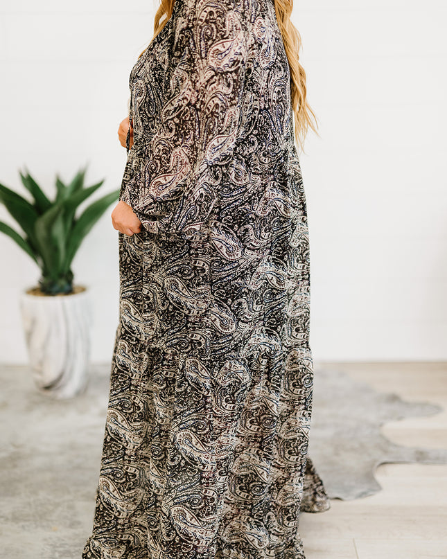 Plus Size Paisley Print Balloon Sleeve Maxi Dress