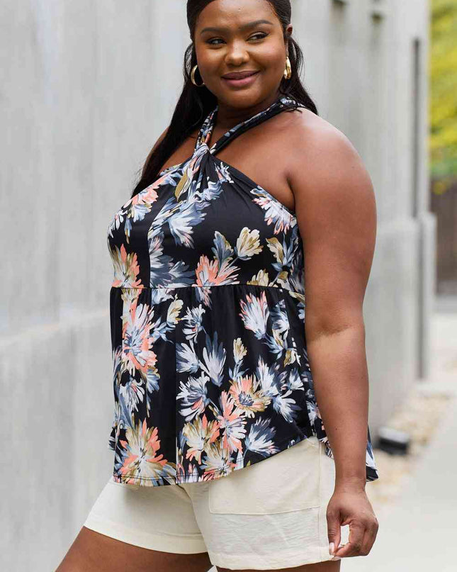 Be Stage Full Size Floral Halter Top in Black
